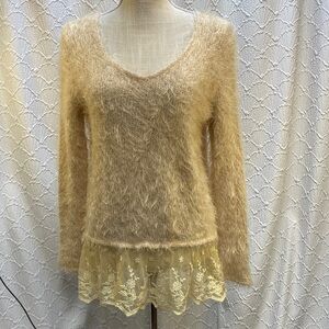 Bear Dance size Medium Fuzzy Beige coral Knit Sweater cozy comfy lace trim boho